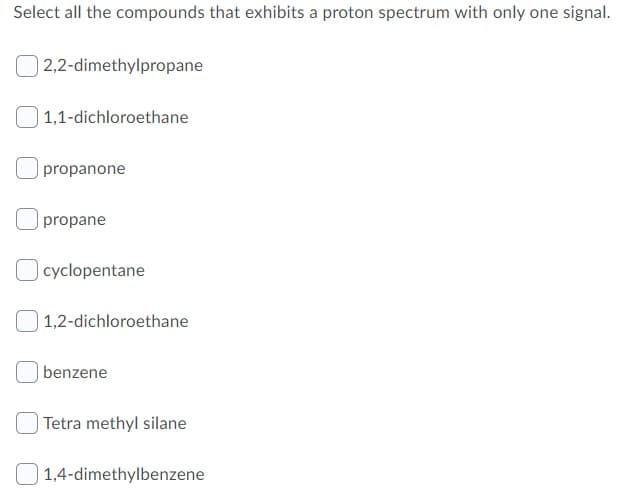 Select all the compounds that exhibits a proton spectrum with only one signal.
2,2-dimethylpropane
1,1-dichloroethane
propanone
propane
cyclopentane
1,2-dichloroethane
| benzene
| Tetra methyl silane
1,4-dimethylbenzene
