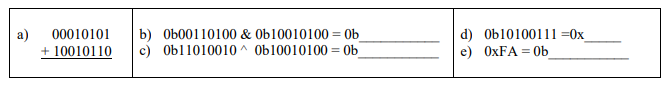 00010101
b) Ob00110100 & Ob10010100 = 0b
c) Obl1010010 ^ Ob10010100 = 0b
d) Ob10100111 =0x
e) OXFA = Ob
+ 10010110
