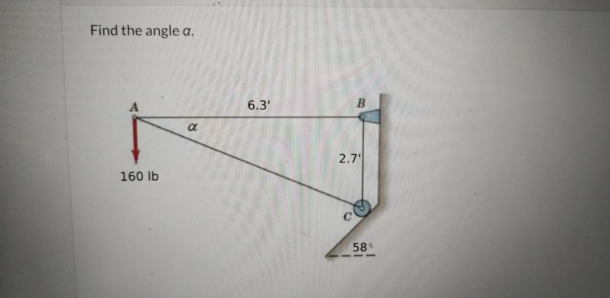 Find the angle a.
160 lb
8
6.3'
B
2.7'
58