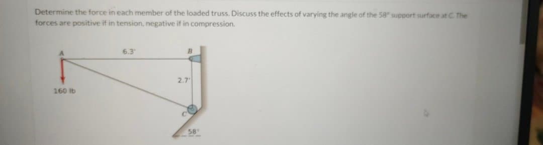 Determine the force in each member of the loaded truss. Discuss the effects of varying the angle of the 58° support surface at C. The
forces are positive if in tension, negative if in compression.
160 lb
6.3
B
2.7'
58