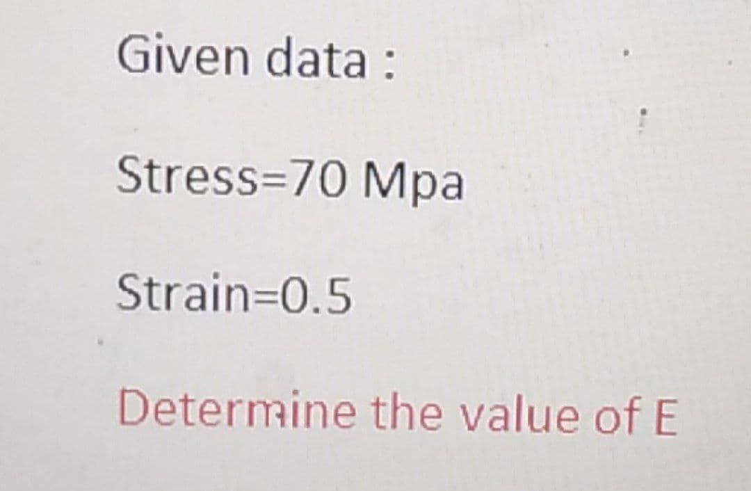 Given data :
Stress=70 Mpa
Strain=0.5
Determine the value of E
