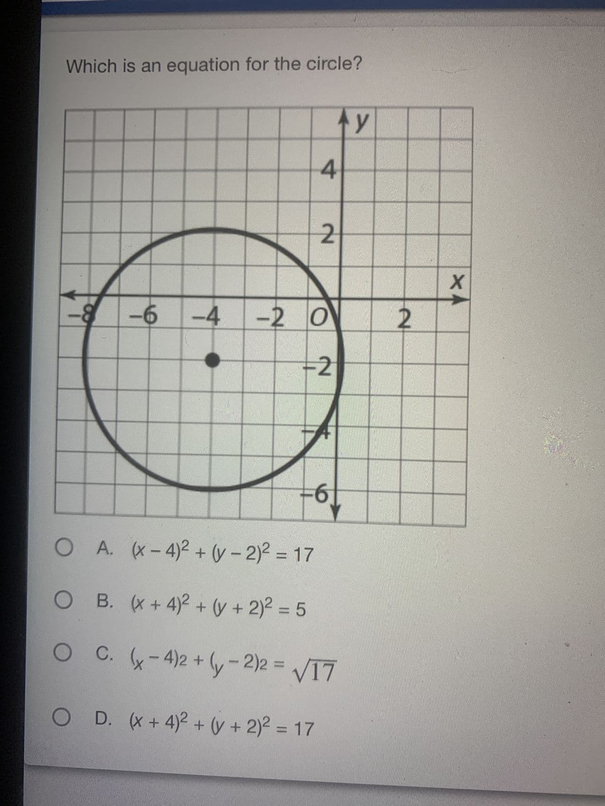 Which is an equation for the circle?
ТУ y
4
2
-6 -4 -2 0
-2
+6
O A. (x-4)² + (y-2)² = 17
O B. (x + 4)2 + (y + 2)² = 5
OC. (x-4)2 + (y-2)2 = √17
O D. (x+4)² + (y + 2)² = 17
2
XA