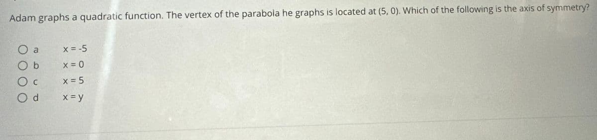 Adam graphs a quadratic function. The vertex of the parabola he graphs is located at (5, 0). Which of the following is the axis of symmetry?
O a
O b
O C
Od
x = -5
X = 0
x = 5
x = y