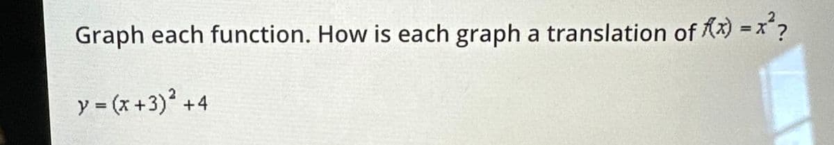 Graph each function. How is each graph a translation of f(x) = x² ?
y = (x+3)² +4