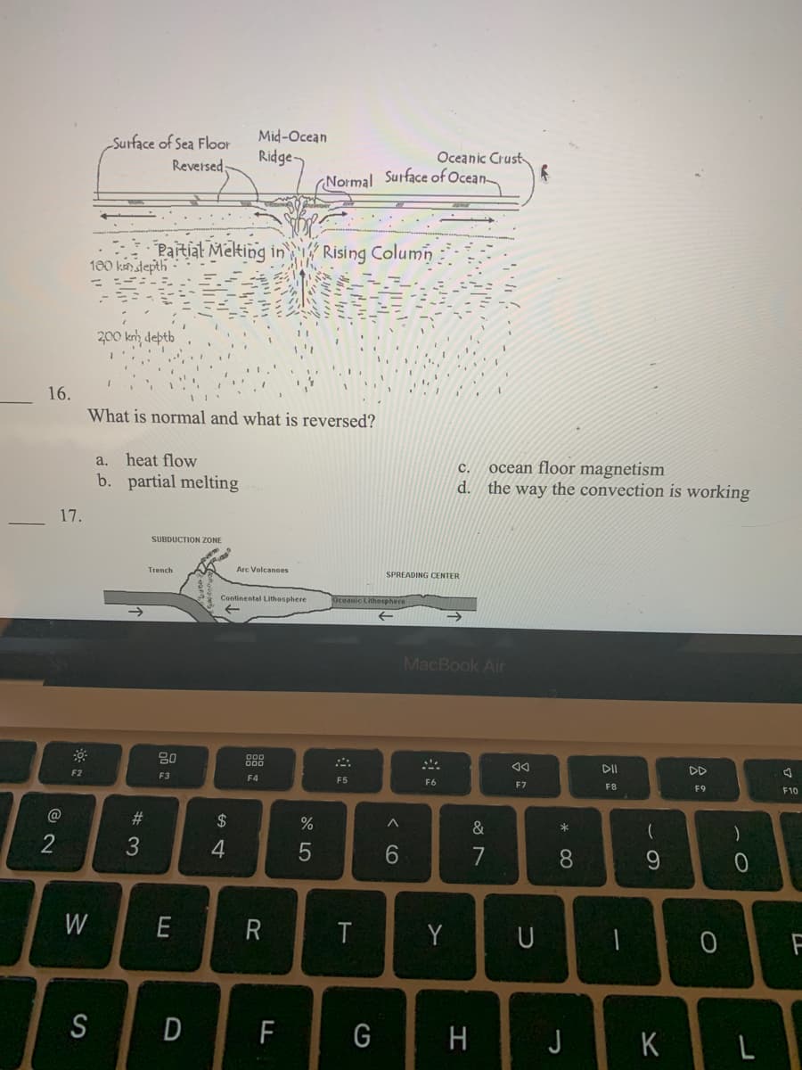 ### Mid-Ocean Ridge and Oceanic Crust Dynamics

#### Diagram Explanation
The diagram provided illustrates the structure and dynamic processes occurring at a mid-ocean ridge, a key feature of plate tectonics. The diagram is divided into major sections:
- The **Surface of the Sea Floor** is illustrated with two labels: "Reversed" on the left and "Normal" on the right, indicating different magnetic orientations.
- The **Mid-Ocean Ridge** is depicted at the center of the diagram, where it's labeled.
- The **Surface of the Ocean** is represented on the right side above the Oceanic Crust.
- Beneath the Mid-Ocean Ridge, there is **Partial Melting** occurring in a **Rising Column**, which illustrates magma rising due to mantle convection.
- Depth markers are shown at 100 km and 200 km below the ocean floor.

This diagram visualizes the phenomenon where new oceanic crust is formed at mid-ocean ridges and shows how the magnetic polarity of the sea floor can indicate normal or reversed orientations due to plate tectonics.

#### Quiz Questions
**16. What is normal and what is reversed?**
a. heat flow  
b. partial melting  
c. ocean floor magnetism  
d. the way the convection is working  

---

#### Additional Diagram Information
At the bottom of the provided image, there is a second diagram showing a subduction zone and spreading center:
- The **Subduction Zone** is shown where the oceanic lithosphere is forced underneath the continental lithosphere, forming a trench and arc volcanoes.
- The **Spreading Center** is shown where new oceanic lithosphere is formed, pushed by diverging plates.

These diagrams collectively inform the viewer about the processes involved in mid-ocean ridge spreading and subduction zones, crucial elements in understanding plate tectonics and geologic activity under the ocean.