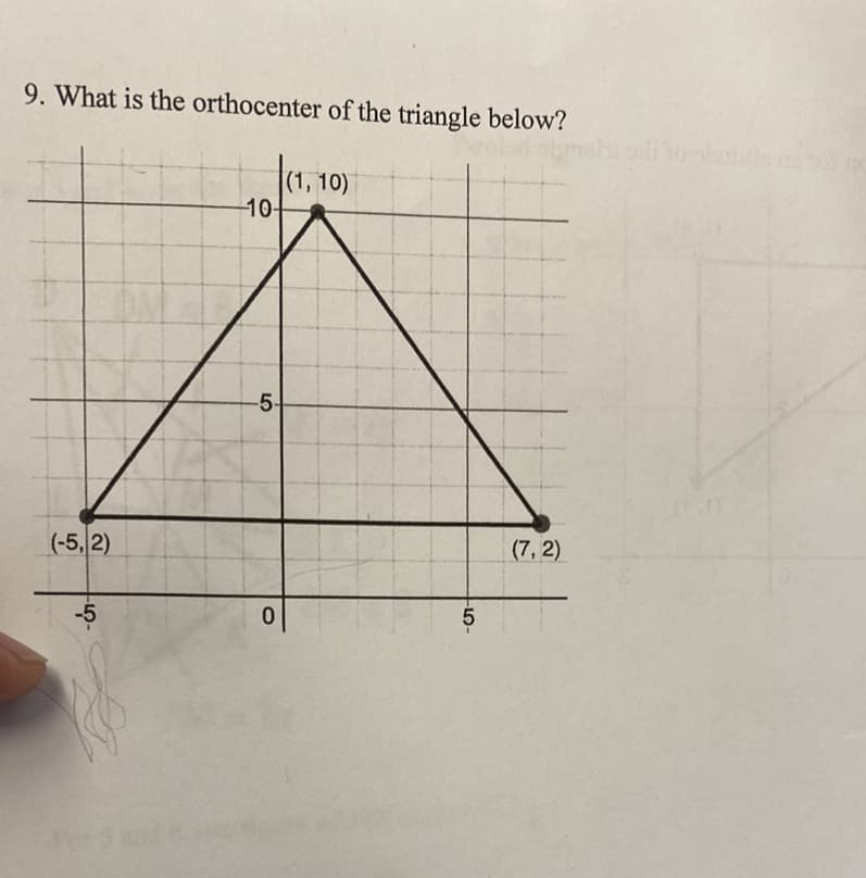 9. What is the orthocenter of the triangle below?
(1, 10)
10-
-5-
(-5, 2)
(7, 2)
-5
