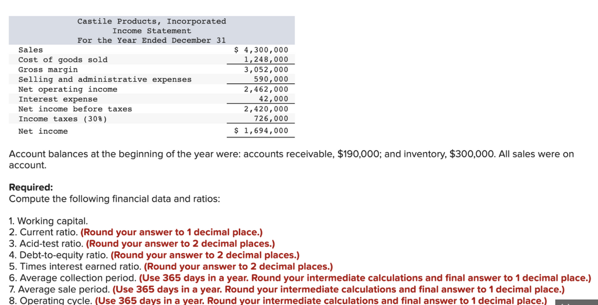 Castile Products, Incorporated
Income Statement
For the Year Ended December 31
Sales
Cost of goods sold
Gross margin
Selling and administrative expenses
Net operating income
Interest expense
Net income before taxes
Income taxes (30%)
Net income
$ 4,300,000
1,248,000
Required:
Compute the following financial data and ratios:
3,052,000
590,000
2,462,000
42,000
2,420,000
726,000
$ 1,694,000
Account balances at the beginning of the year were: accounts receivable, $190,000; and inventory, $300,000. All sales were on
account.
1. Working capital.
2. Current ratio. (Round your answer to 1 decimal place.)
3. Acid-test ratio. (Round your answer to 2 decimal places.)
4. Debt-to-equity ratio. (Round your answer to 2 decimal places.)
5. Times interest earned ratio. (Round your answer to 2 decimal places.)
6. Average collection period. (Use 365 days in a year. Round your intermediate calculations and final answer to 1 decimal place.)
7. Average sale period. (Use 365 days in a year. Round your intermediate calculations and final answer to 1 decimal place.)
8. Operating cycle. (Use 365 days in a year. Round your intermediate calculations and final answer to 1 decimal place.)