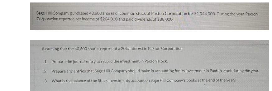 Sage Hill Company purchased 40,600 shares of common stock of Paxton Corporation for $1,044,000. During the year, Paxton
Corporation reported net income of $264,000 and paid dividends of $88,000.
Assuming that the 40,600 shares represent a 20% interest in Paxton Corporation:
1.
Prepare the journal entry to record the investment in Paxton stock.
2.
Prepare any entries that Sage Hill Company should make in accounting for its investment in Paxton stock during the year.
3. What is the balance of the Stock Investments account on Sage Hill Company's books at the end of the year?