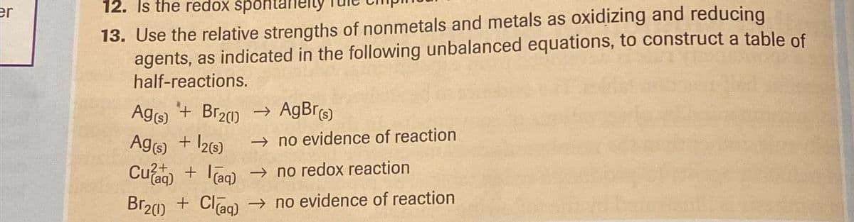 er
12. Is the redox spontar
13. Use the relative strengths of nonmetals and metals as oxidizing and reducing
agents, as indicated in the following unbalanced equations, to construct a table of
half-reactions.
+ Br2(1)
Ag (s)
Ag (s) + 12(s)
→ AgBr(s)
→no evidence of reaction
Cu + (aq)
→no redox reaction
Br2(1) + Cl(aq) →no evidence of reaction