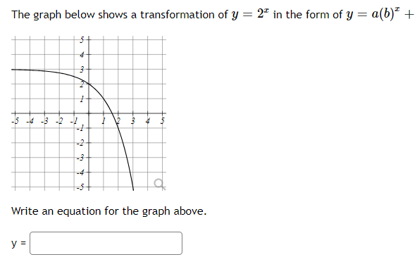 The graph below shows a transformation of y = 2* in the form of y = a(b)* +
-5 -4 -3 -2 -1
4
3
y =
H
-1
-2-
-3
-4
4 5
Write an equation for the graph above.