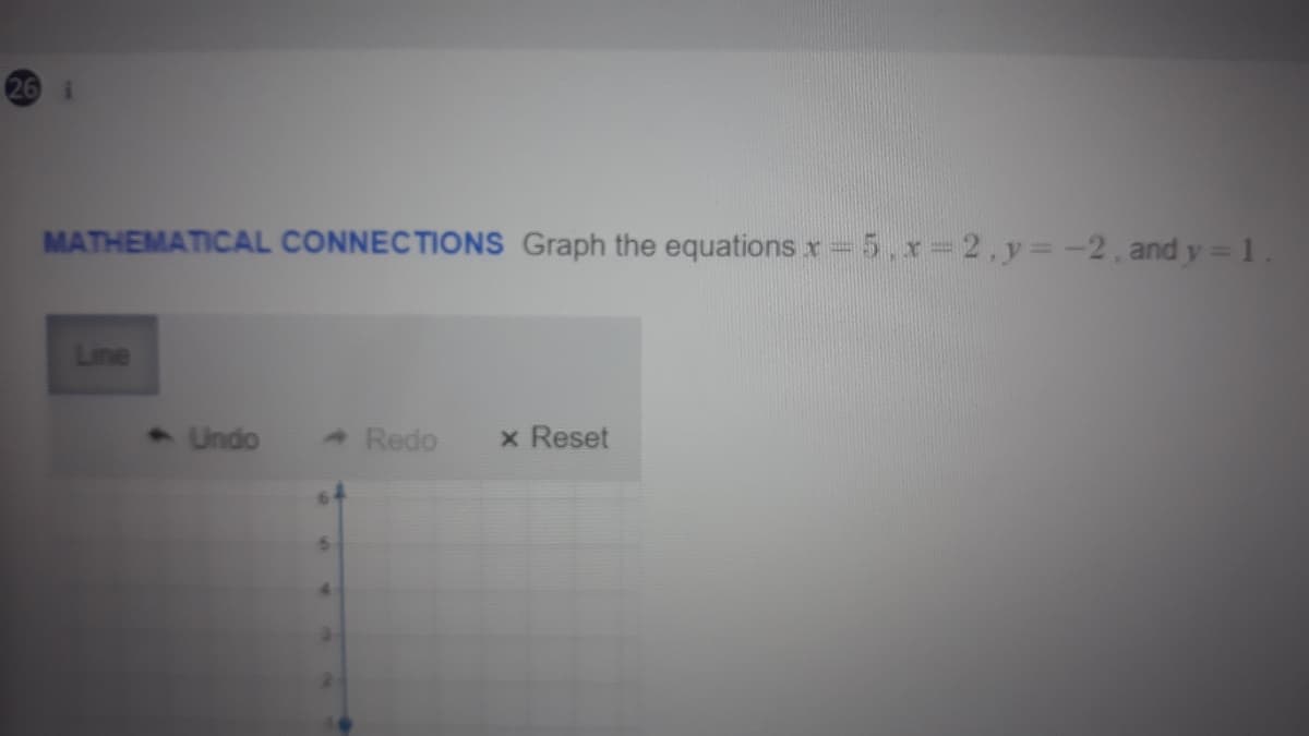 MATHEMATICAL CONNECTIONS Graph the equations x 5, x =2,y%3-2, and y 1
Line
3 Undo
- Redo
x Reset
