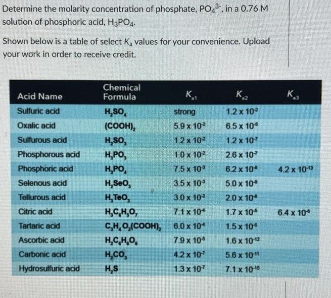 Determine the molarity concentration of phosphate, PO,, in a 0.76 M
solution of phosphoric acid, H3PO4.
Shown below is a table of select K, values for your convenience. Upload
your work in order to receive credit.
Chemical
Formula
K,
K,
Acid Name
Sulfuric acid
H,SO,
strong
1.2x 10
Oxalic acid
(COOH),
5.9x 10
6.5 x 10
Sulfurous acid
H,SO,
12 x 10
1.2 x 107
Phosphorous acid
H,PO,
1.0 x 10
2.6 x 107
Phosphoric acid
H,PO,
7.5x 10
6.2 x 10
4.2x 109
Selenous acid
H, Seo,
3.5 x 10
5.0 x 10
Tellurous acid
H,TeO,
3.0 x 10
2.0 x 10
Citric acid
H,C,H,O,
71x 10
1.7 x 10
6.4 x 10*
Tartaric acid
C,H,0,(COOH), 6.0 x 101
1.5 x 10
Ascorbic acid
H,C,H,O,
79x 10
1.6 x 1012
Carbonic acid
H,CO,
4.2 x 107
5.6 x 10"
Hydrosulfuric acid
H,S
1.3x 107
7.1 x 101
