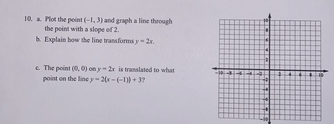 10. a. Plot the point (-1, 3) and graph a line through
the point with a slope of 2.
b. Explain how the line transforms y = 2x.
c. The point (0, 0) on y = 2x is translated to what
point on the line y = 2(x-(-1)) + 3?
10-8-6-4
10
8
6
4
2
+2
+4
+6
-10
2
68
-10