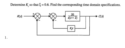 Determine K, so that ğ = 0.6. Find the corresponding time domain specifications.
20
R(S)
5+ 2)
KS
