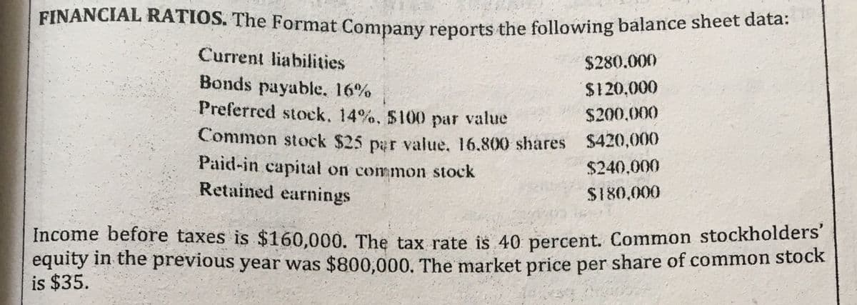 FINANCIAL RATIOS. The Format Company reports the following balance sheet data:
Current liabilities
$280.000
Bonds payable, 16%
Preferred stock, 14%, $100 par value
$120,000
$200,000
Common stock $25 par value. 16.800 shares $420,000
Paid-in capital on common stock
Retained earnings
$240,000
$180,000
Income before taxes is $160,000. The tax rate is 40 percent. Common stockholders
equity in the previous year was $800,000. The market price per share of common stock
is $35.
