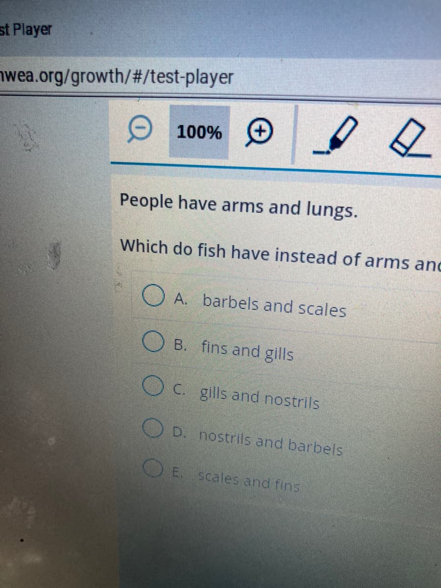 st Player
nwea.org/growth/#/test-player
O 100%
+
People have arms and lungs.
Which do fish have instead of arms and
A. barbels and scales
O B. fins and gills
O C. gills and nostrils
O D. nostrils and barbels
O E. scales and fins
