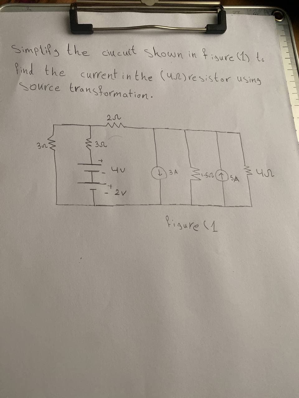 Simplify the ciucult shown in figure (1) to
find the current in the (42) resistor using
Source transformation.
302
35
4
I
20
+
- 2 V
13 A
1-551
figure (1
зил