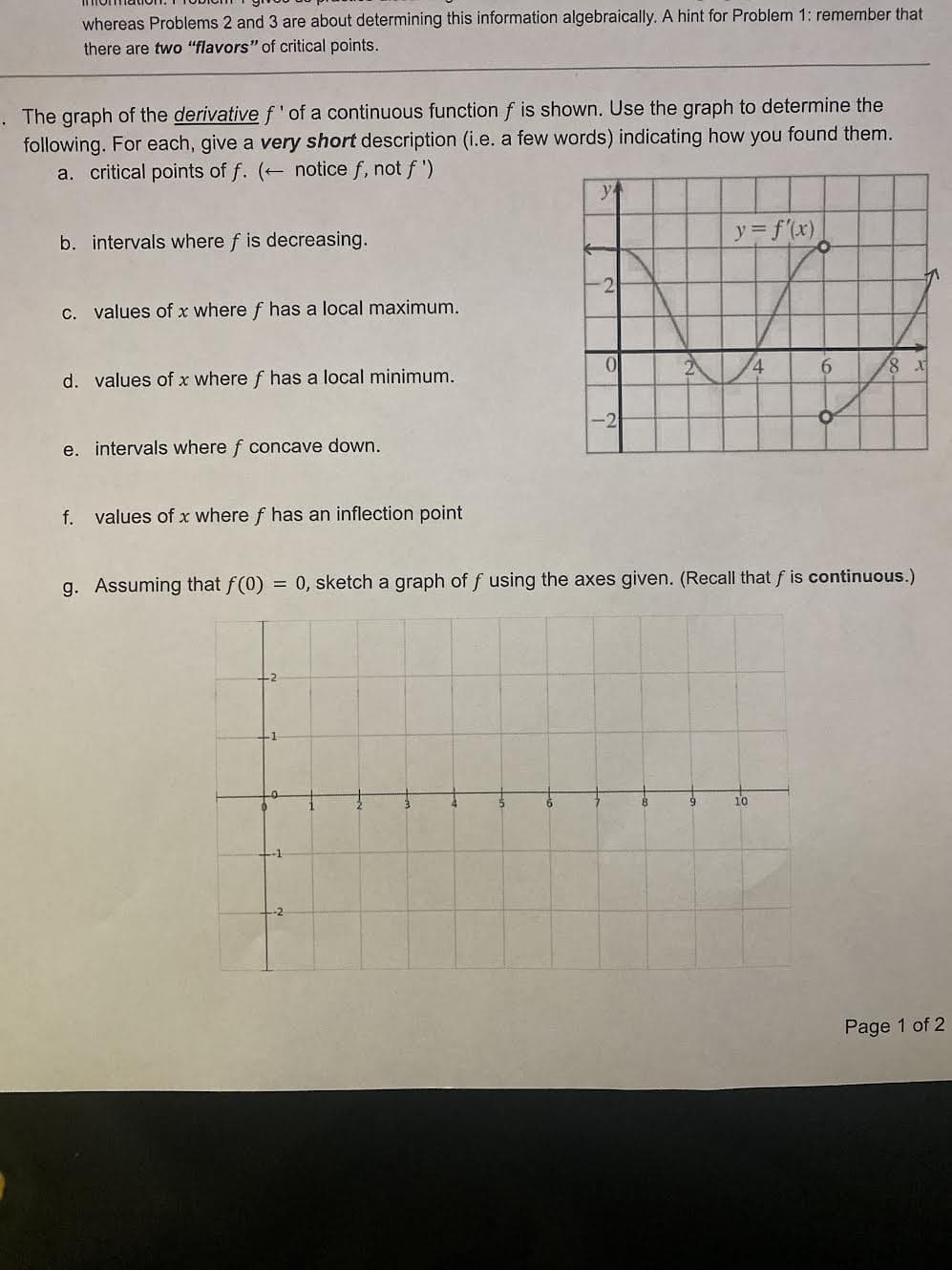 whereas Problems 2 and 3 are about determining this information algebraically. A hint for Problem 1: remember that
there are two "flavors" of critical points.
. The graph of the derivative f'of a continuous function f is shown. Use the graph to determine the
following. For each, give a very short description (i.e. a few words) indicating how you found them.
a. critical points of f. ( notice f, not f ')
yf
y= f(x)
b. intervals where f is decreasing.
2
C. values of x where f has a local maximum.
6.
d. values of x where f has a local minimum.
-2
e. intervals where f concave down.
f. values of x where f has an inflection point
g. Assuming that f(0)
= 0, sketch a graph of f using the axes given. (Recall that f is continuous.)
+2
-1
5.
6.
10
Page 1 of 2
