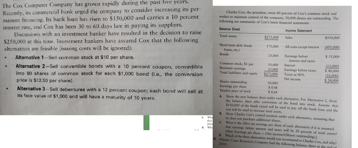 The Cox Computer Company has grown rapidly during the past five years.
Recently, its commercial bank urged the company to consider increasing its per-
manent financing. Its bank loan has risen to $150,000 and carries a 10 percent
interest rate, and Cox has been 30 to 60 days late in paying its suppliers.
Discussions with an investment banker have resulted in the decision to raise
Charles Cox, the president, owns 80 percent of Cox's common stock and
wishes to maintain control of the company; 50,000 shares are outstanding. The
following are summaries of Cox's latest financial statements:
Balance Sheet
Income Statement
Total assets
$275,000
Sales
$550,000
$250,000 at this time. Investment bankers have assured Cox that the following
alternatives are feasible (issuing costs will be ignored):
Short-term debt (bank
175,000
All costs except interest
(495,000)
loans, etc.)
$ 55,000
Earnings before
interest and taxes
Bonds
25,000
Alternative 1-Sell common stock at $10 per share.
Common stock, $1 par
Retained earnings
Total liabilities and equity
50,000
Interest
(15,000)
Alternative 2-Sell convertible bonds with a 10 percent coupon, convertible
25,000
Earnings before taxes
$ 40,000
$275,000
Taxes at 40%
into 80 shares of common stock for each $1,000 bond (i.e., the conversion
price is $12.50 per share).
(16,000)
$ 24,000
Net income
Shares outstanding
Earnings per share
Market price of stock
50,000
$ 0.48
$ 8.64
Show the new balance sheet under each alternative. For Alternative 2, show
the balance sheet after conversion of the bond into stock. Assume that
$150,000 of the funds raised will be used to pay off the bank loan and the
Alternative 3-Sell debentures with a 12 percent coupon; each bond will sell at
a.
its face value of $1,000 and will have a maturity of 10 years.
rest will be used to increase total assets.
Show Charles Cox's control position under each alternative, assuming that
Wha
that
[Hin
Whi
he does not purchase additional shares.
What is the effect on earnings per share of each alternative if it is assumed
that carnings before interest and taxes will be 20 percent of total assets?
(Hint: Earnings per share = (Net income)/(Shares outstanding).]
d. Which of the three alternatives would you recommend to Charles Cox, and why?
8 Atlantic Coast Resources Company had the following balance sheet at the end of
C.
2014
