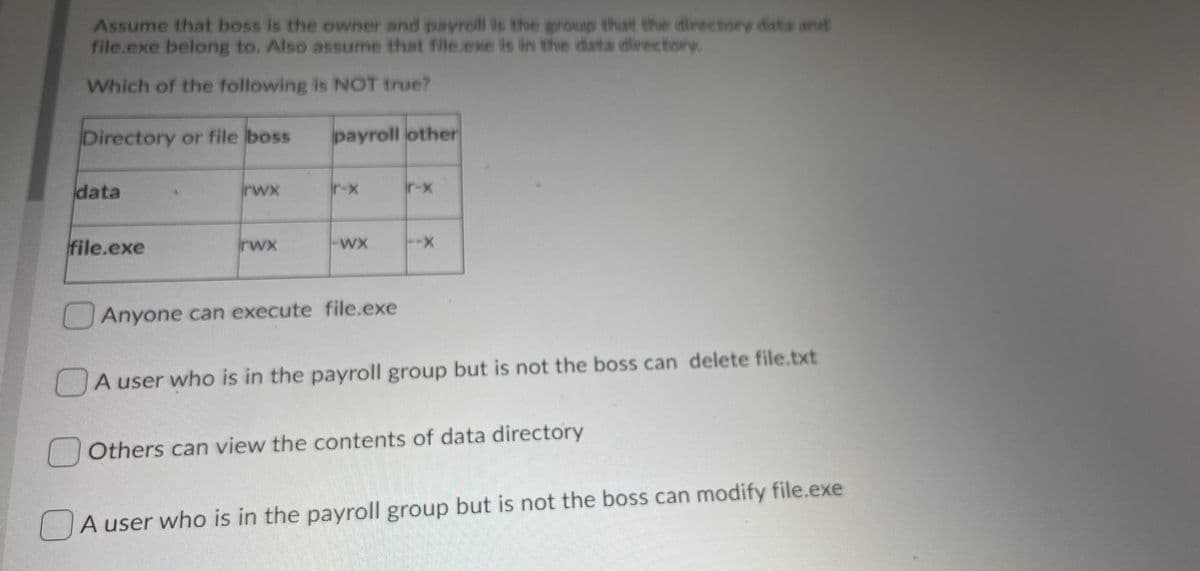 Assume that boss is the owner and payroll is the group that the directory data and
file.exe belong to. Also assume that file.exe is in the data directiory.
Which of the following is NOT true?
Directory or file boss
payroll other
data
rwx
r-x
file.exe
rwx
Anyone can execute file.exe
A user who is in the payroll group but is not the boss can delete file.txt
Others can view the contents of data directory
A user who is in the payroll group but is not the boss can modify file.exe
