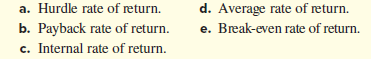 a. Hurdle rate of return.
d. Average rate of return.
b. Payback rate of return.
c. Internal rate of return.
e. Break-even rate of return.
