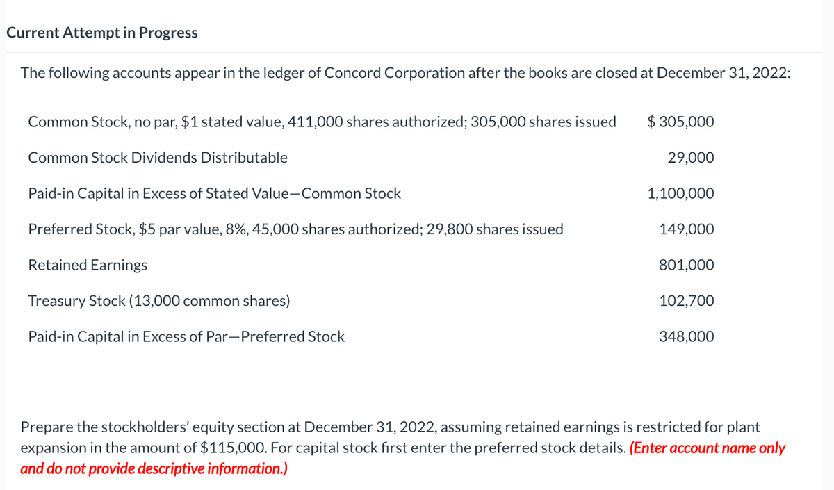 Current Attempt in Progress
The following accounts appear in the ledger of Concord Corporation after the books are closed at December 31, 2022:
Common Stock, no par, $1 stated value, 411,000 shares authorized; 305,000 shares issued
Common Stock Dividends Distributable
Paid-in Capital in Excess of Stated Value-Common Stock
Preferred Stock, $5 par value, 8%, 45,000 shares authorized; 29,800 shares issued
Retained Earnings
Treasury Stock (13,000 common shares)
Paid-in Capital in Excess of Par-Preferred Stock
$ 305,000
29,000
1,100,000
149,000
801,000
102,700
348,000
Prepare the stockholders' equity section at December 31, 2022, assuming retained earnings is restricted for plant
expansion in the amount of $115,000. For capital stock first enter the preferred stock details. (Enter account name only
and do not provide descriptive information.)