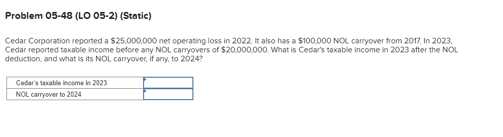 Problem 05-48 (LO 05-2) (Static)
Cedar Corporation reported a $25,000,000 net operating loss in 2022. It also has a $100,000 NOL carryover from 2017. In 2023,
Cedar reported taxable income before any NOL carryovers of $20,000,000. What is Cedar's taxable income in 2023 after the NOL
deduction, and what is its NOL carryover, if any, to 2024?
Cedar's taxable income in 2023
NOL carryover to 2024