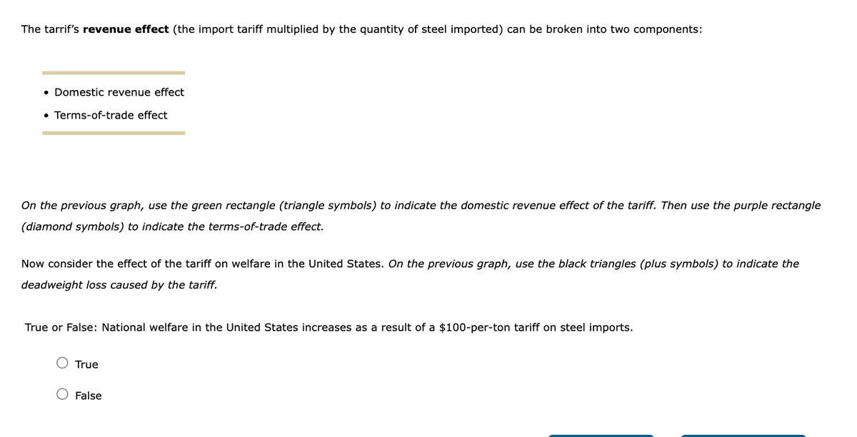The tarrif's revenue effect (the import tariff multiplied by the quantity of steel imported) can be broken into two components:
• Domestic revenue effect
• Terms-of-trade effect
On the previous graph, use the green rectangle (triangle symbols) to indicate the domestic revenue effect of the tariff. Then use the purple rectangle
(diamond symbols) to indicate the terms-of-trade effect.
Now consider the effect of the tariff on welfare in the United States. On the previous graph, use the black triangles (plus symbols) to indicate the
deadweight loss caused by the tariff.
True or False: National welfare in the United States increases as a result of a $100-per-ton tariff on steel imports.
True
False