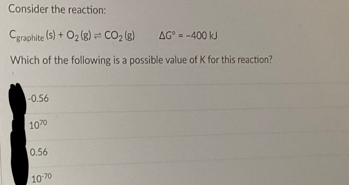 Consider the reaction:
Cgraphite (S) + O₂(g) = CO₂ (g)
AG° = -400 kJ
Which of the following is a possible value of K for this reaction?
-0.56
1070
0.56
10-70
