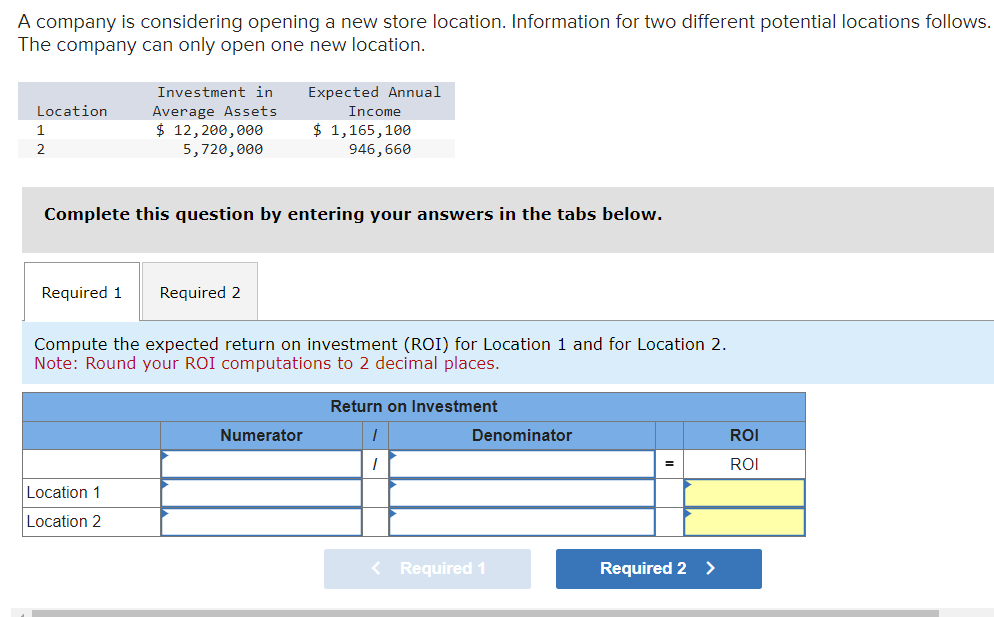 A company is considering opening a new store location. Information for two different potential locations follows.
The company can only open one new location.
Location
1
2
Investment in
Average Assets
$ 12,200,000
5,720,000
Complete this question by entering your answers in the tabs below.
Required 1 Required 2
Location 1
Location 2
Expected Annual
Income
$ 1,165,100
946, 660
Compute the expected return on investment (ROI) for Location 1 and for Location 2.
Note: Round your ROI computations to 2 decimal places.
Numerator
Return on Investment
Denominator
< Required 1
=
Required 2 >
ROI
ROI