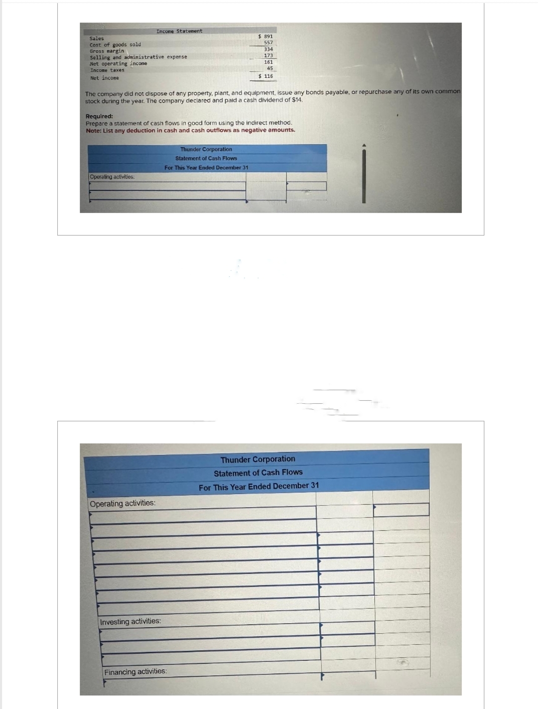 Sales
Cost of goods sold
Gross margin
Selling and administrative expense
Net operating income.
Income taxes
Net income
Income Statement
The company did not dispose of any property, plant, and equipment, issue any bonds payable, or repurchase any of its own common
stock during the year. The company declared and paid a cash dividend of $14.
Operating activities:
Required:
Prepare a statement of cash flows in good form using the indirect method.
Note: List any deduction in cash and cash outflows as negative amounts.
Operating activities:
Investing activities:
$ 891
557
334
173
161
45
$116
Thunder Corporation
Statement of Cash Flows
For This Year Ended December 31
Financing activities:
Thunder Corporation
Statement of Cash Flows
For This Year Ended December 31