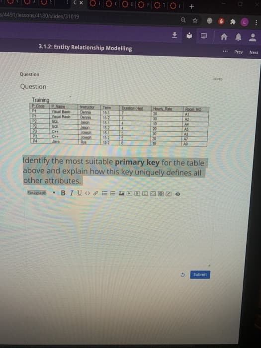 s/4491/lessons/4180/slides/31019
合
3.1.2: Entity Relationship Modelling
Prev
Next
Question
SAVED
Question
Training
P. Name
Visual Basic
Visual Basic
SOL
SOL
P Code
Instructor
Dennis
Dennis
Term
15-1
15-2
15-1
15-2
15-1
Duration (Hrs)
Hourly Rate
20
Room NO
P1
A1
P1
P2
P2
P3
30
A2
Jason
10
20
30
A4
Jason
Joneph
Joseph
Rys
A5
P3
P4
C..
Java
15-2
15-2
20
10
A3
A7
A9
6
Identify the most suitable primary key for the table
above and explain how this key uniquely defines all
other attributes.
Baragraph BIU > 8 E E
Submit
