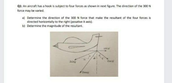 Q1: An aircraft has a hook is subject to four forces as shown in next figure. The direction of the 300 N
force may be varied.
a) Determine the direction of the 300 N force that make the resultant of the four forces is
directed horizontally to the right (posative X-axis).
b) Determine the magnítude of the resultant.
26ON
15ON
NeoE
