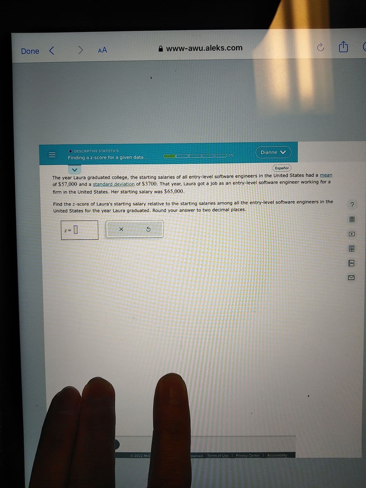 # Descriptive Statistics: Finding a Z-Score for a Given Data

The year Laura graduated college, the starting salaries of all entry-level software engineers in the United States had a mean of $57,000 and a standard deviation of $3,700. That year, Laura got a job as an entry-level software engineer working for a firm in the United States. Her starting salary was $65,000.

Find the z-score of Laura's starting salary relative to the starting salaries among all the entry-level software engineers in the United States for the year Laura graduated. Round your answer to two decimal places.

### Calculation

\[ z = \frac{X - \mu}{\sigma} \]

Where:
- \( X = 65,000 \) (Laura’s starting salary)
- \( \mu = 57,000 \) (mean starting salary)
- \( \sigma = 3,700 \) (standard deviation)

Please calculate this using the formula provided.

---

This educational material is provided by www-awu.aleks.com. © 2022 McGraw Hill. All rights reserved. Terms of Use | Privacy Center | Accessibility
