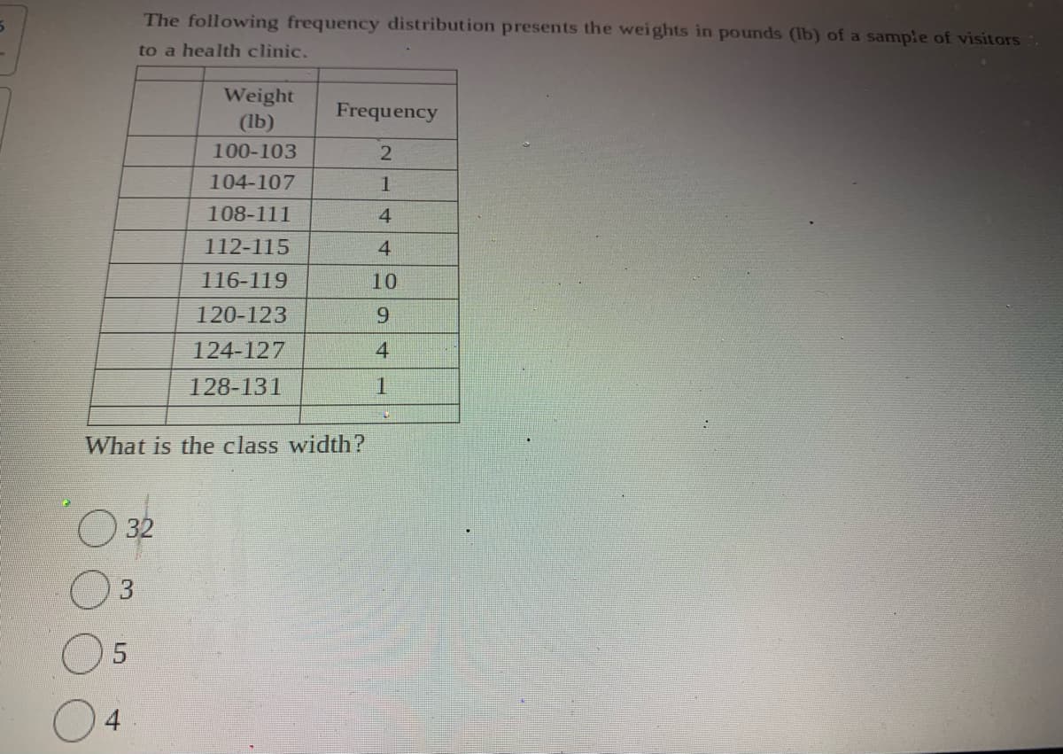 The following frequency distribution presents the weights in pounds (Ib) of a sample of visitors
to a health clinic.
Weight
(lb)
Frequency
100-103
104-107
1
108-111
4
112-115
4
116-119
10
120-123
124-127
4
128-131
What is the class width?
O 32
