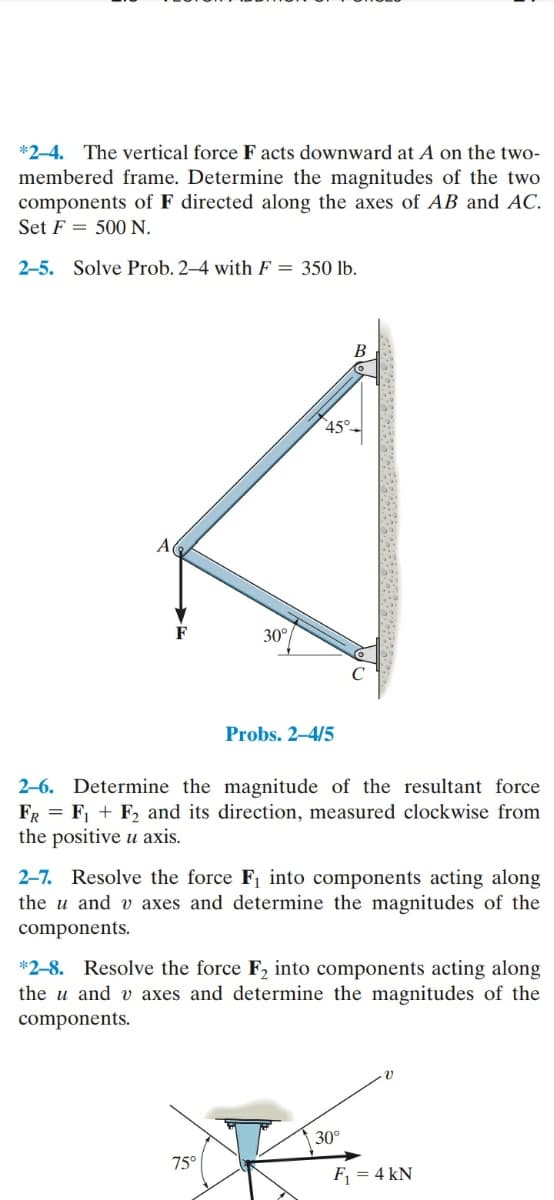 *2-4. The vertical force F acts downward at A on the two-
membered frame. Determine the magnitudes of the two
components of F directed along the axes of AB and AC.
Set F = 500 N.
2-5. Solve Prob. 2–4 with F = 350 lb.
45°-
A
30°
Probs. 2–4/5
2-6. Determine the magnitude of the resultant force
FR = F, + F, and its direction, measured clockwise from
the positive u axis.
2–7. Resolve the force F1 into components acting along
the u and v axes and determine the magnitudes of the
components.
*2-8. Resolve the force F2 into components acting along
the u and v axes and determine the magnitudes of the
components.
30°
75°
F, = 4 kN
