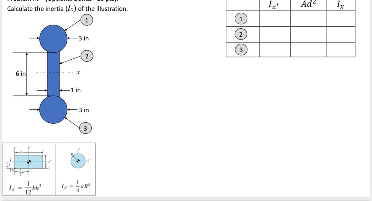 Ad?
Ix
Calculate the inertia (Ix) of the illustration.
1
3 in
6 in
-1 in
3 in
3
Iy =
%3D
