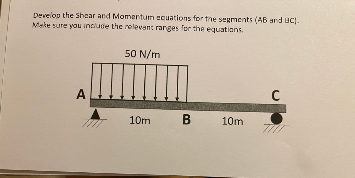 Develop the Shear and Momentum equations for the segments (AB and BC).
Make sure you include the relevant ranges for the equations.
50 N/m
C
10m
B
10m
