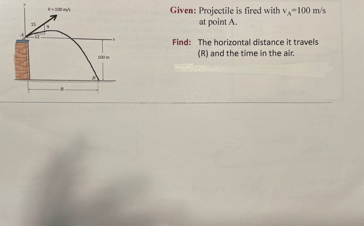 V = 100 m/s
Given: Projectile is fired with v=100 m/s
A
at point A.
15
A
-12.
Find: The horizontal distance it travels
(R) and the time in the air.
100 m
R
