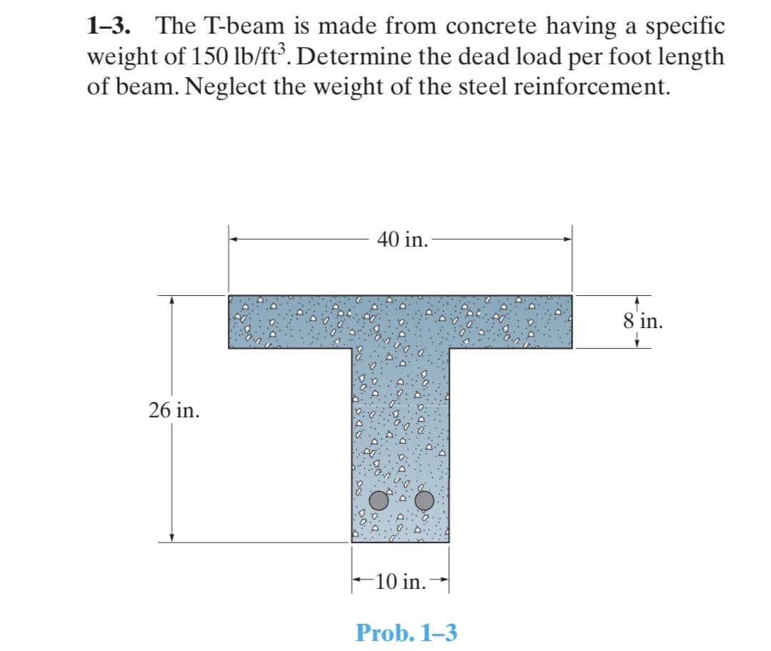 1-3. The T-beam is made from concrete having a specific
weight of 150 lb/ft°. Determine the dead load per foot length
of beam. Neglect the weight of the steel reinforcement.
40 in.
IT
8 in.
26 in.
-10 in.-
Prob. 1-3
