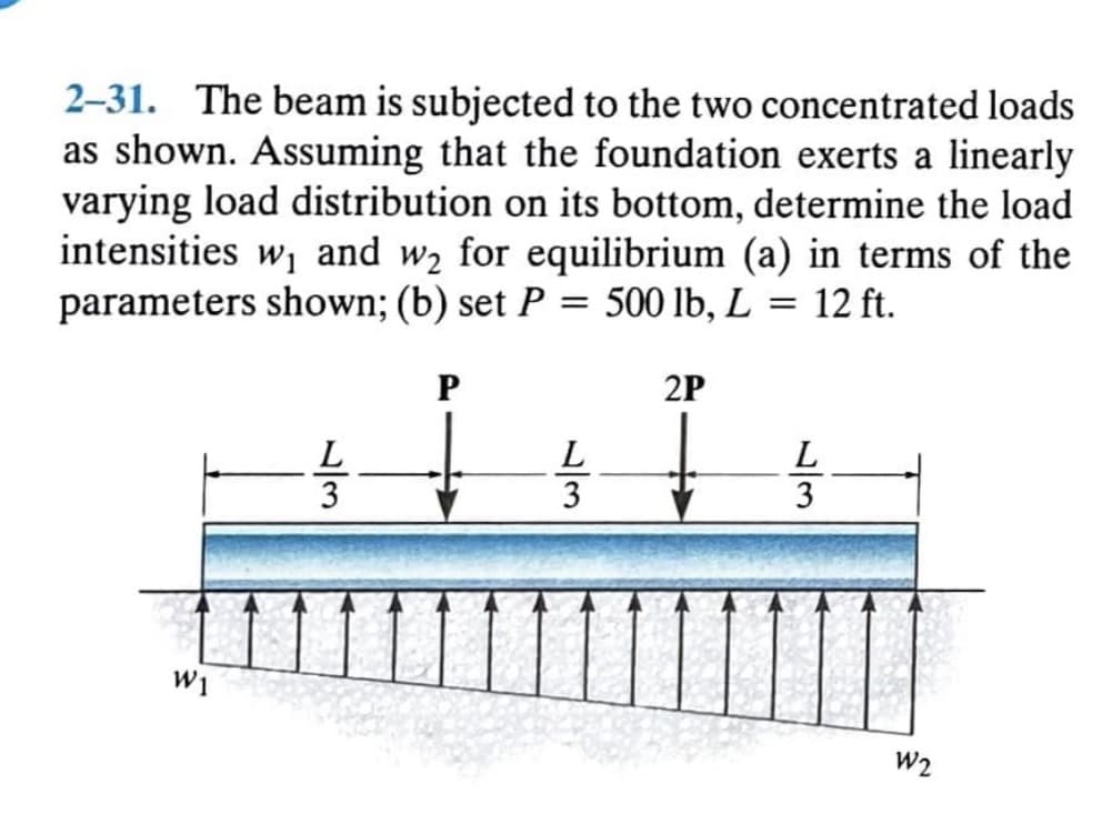 2-31. The beam is subjected to the two concentrated loads
as shown. Assuming that the foundation exerts a linearly
varying load distribution on its bottom, determine the load
intensities w, and w2 for equilibrium (a) in terms of the
parameters shown; (b) set P = 500 lb, L
12 ft.
2P
L
3
W1
W2
N/3
//3
