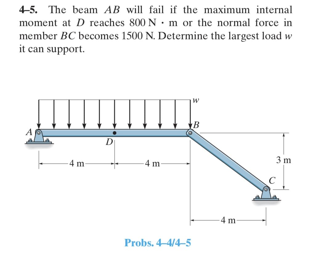 4-5. The beam AB will fail if the maximum internal
moment at D reaches 800 Nm or the normal force in
member BC becomes 1500 N. Determine the largest load w
it can support.
W
3 m
4 m.
-4 m
Probs. 4-4/4-5
-4 m-
C