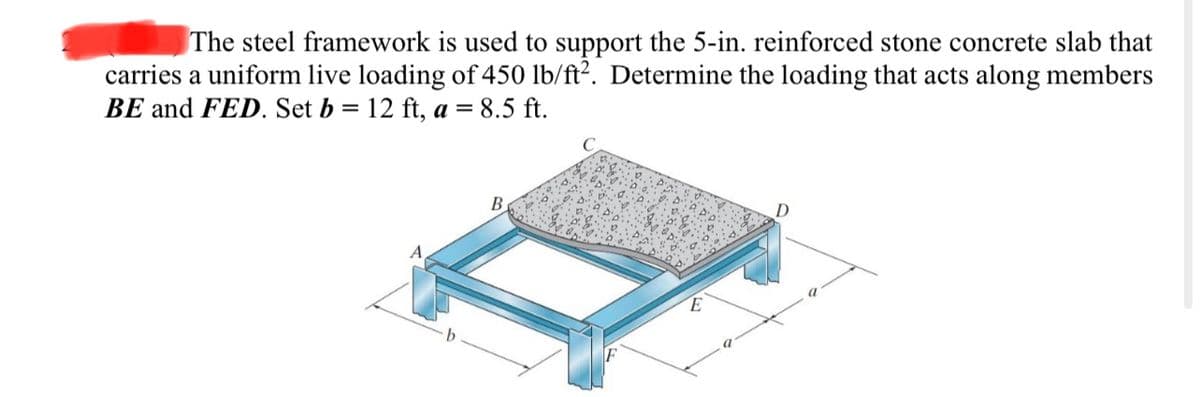 The steel framework is used to support the 5-in. reinforced stone concrete slab that
carries a uniform live loading of 450 lb/ft². Determine the loading that acts along members
BE and FED. Set b = 12 ft, a = 8.5 ft.
E