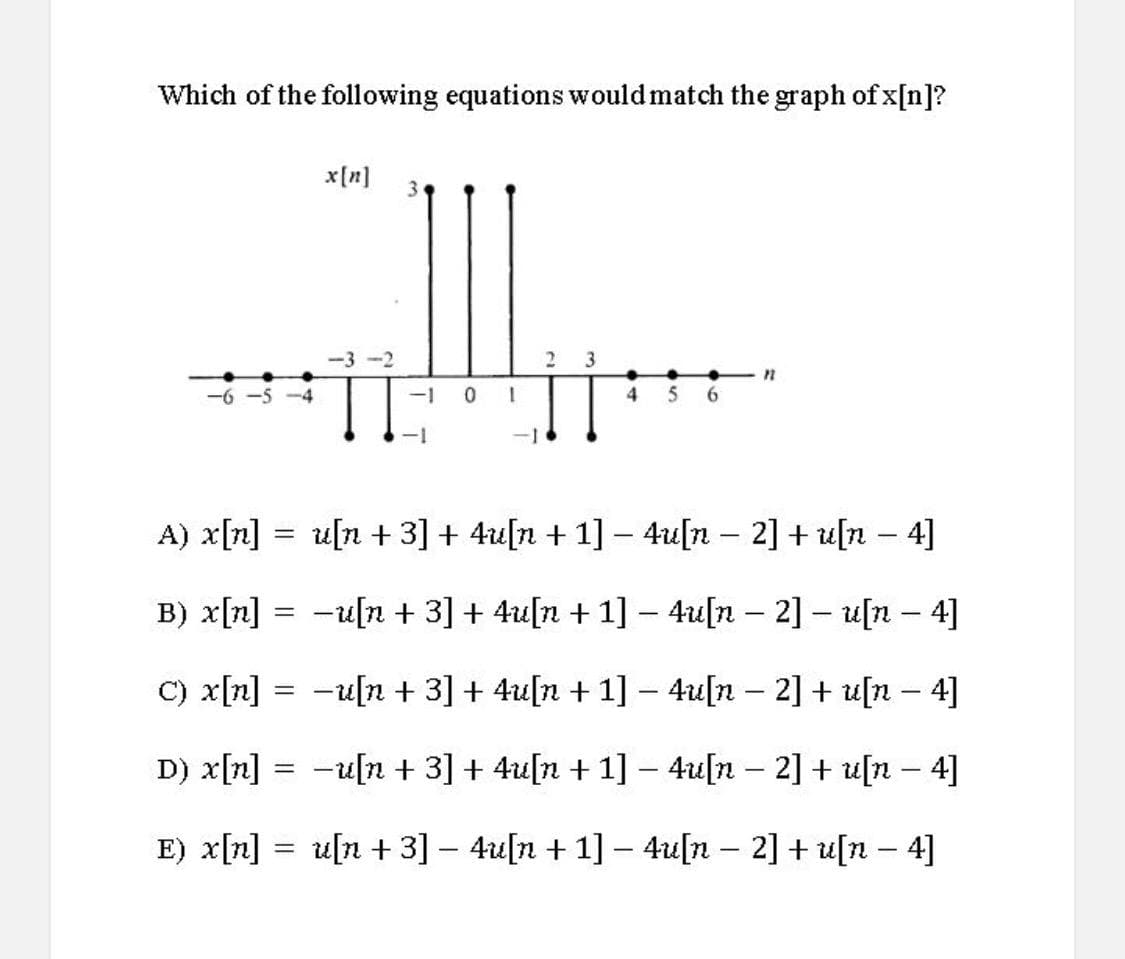 Which of the following equations would match the graph of x[n]?
x[n]
3
-3-2
2 3
-6 -5
-4
-1
0.
6.
-1
-1
A) x[n] = u[n + 3] + 4u[n + 1] – 4u[n – 2] + u[n – 4]
|
-
B) x[n]
-u[n + 3] + 4u[n + 1] – 4u[n -
2] – u[n – 4]
C) x[n] = -u[n + 3] + 4u[n + 1] - 4u[n – 2] + u[n – 4]
D) x[n] = -u[n + 3] + 4u[n + 1] – 4u[n – 2] + u[n – 4]
|
E) x[n] = u[n + 3] – 4u[n + 1] – 4u[n – 2] + u[n – 4]
-
