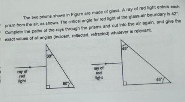 The two prisms shown in Figure are made of glass. A ray of red light enters each
"prism from the air, as shown. The critical angle for red light at the glass-air boundary is 42".
Complete the paths of the rays through the prisms and out into the air again, and give the
exact values of all angles (incident, reflected, refracted) whatever is relevant.
ray of
red
light
30
60%
ray of
red
light
45
45