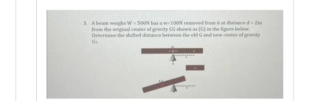 3. A beam weighs W = 500N has a w=100N removed from it at distance d = 2m
from the original center of gravity CG shown as (G) in the figure below.
Determine the shifted distance between the old G and new center of gravity
G₁.