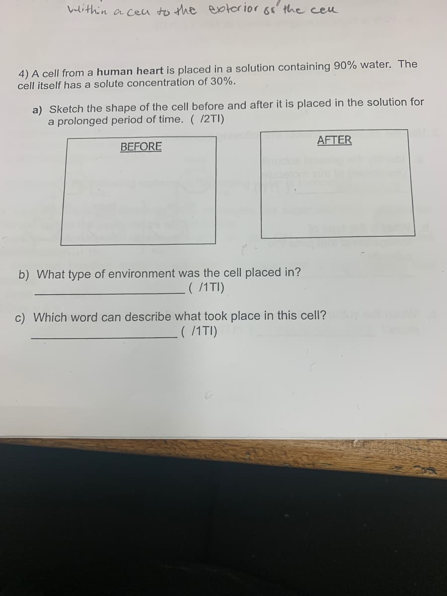 Velithin a ceu to the exterior 6s' the ceu
4) A cell from a human heart is placed in a solution containing 90% water. The
cell itself has a solute concentration of 30%.
a) Sketch the shape of the cell before and after it is placed in the solution for
a prolonged period of time. ( /2TI)
AFTER
BEFORE
b) What type of environment was the cell placed in?
( 1TI)
c) Which word can describe what took place in this cell?
( /1TI)
