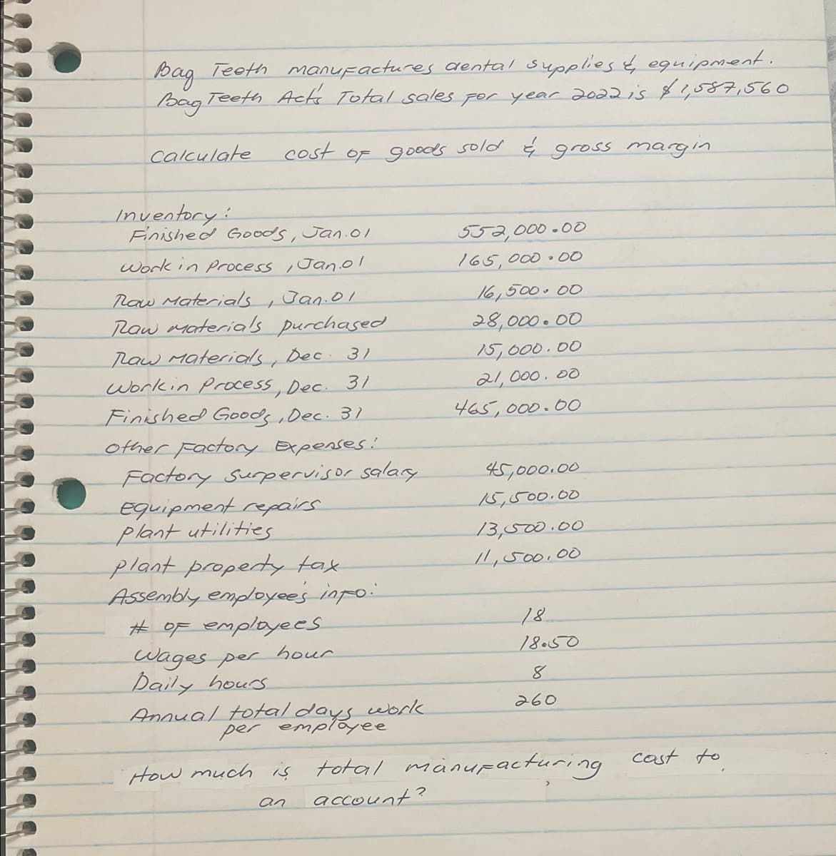 Bag Teeth manufactures dental supplies & equipment.
Bag Teeth Ack's Total sales for year 2022 is $1,587,560
cost of goods sold & gross margin
Calculate
Inventory:
Finished Goods, Jan. 01
Work in process, Jan.o1
Raw Materials
Jan. 01
Raw materials purchased
Raw Materials, Dec 31
Work in Process, Dec. 31
Finished Goods, Dec. 31.
other Factory Expenses!
Factory Supervisor salary
Equipment repairs
Plant utilities
plant property tax
Assembly employees info:
# of employees.
hour
Wages per
Daily hours
Annual total days work
per employee
How much is
an
552,000.00
165,000.00
16,500.00
28,000.00
15,000.00
21,000.00
465,000.00
45,000.00
15,500.00
13,500.00
11,500.00
18.
18.50
8
260
total manufacturing
account?
cost to