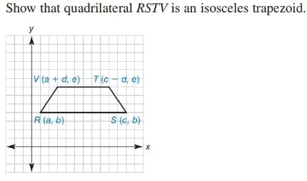 Show that quadrilateral RSTV is an isosceles trapezoid.
y
v (a + d, e) T (c - d, e)
R (a, b)
S (c, b)
