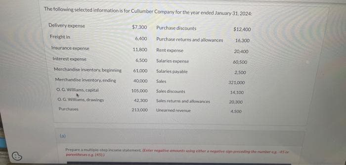 The following selected information is for Cullumber Company for the year ended January 31, 2024:
Delivery expense
Freight in
Insurance expense
Interest expense
Merchandise inventory, beginning
Merchandise inventory, ending
O.G. Williams, capital
O.G. Williams, drawings
Purchases
(a)
$7,300
6,400
11.800
6,500
61,000
40,000
105,000
42,300
213,000
Purchase discounts
Purchase returns and allowances
Rent expense
Salaries expense
Salaries payable
Sales
Sales discounts
Sales returns and allowances
Unearned revenue
$12,400
16,300
20,400
60,500
2,500
321,000
14,100
20,300
4,500
Prepare a multiple-step income statement. (Enter negative amounts using either a negative sign preceding the number 45 or
parentheses eg. (45))